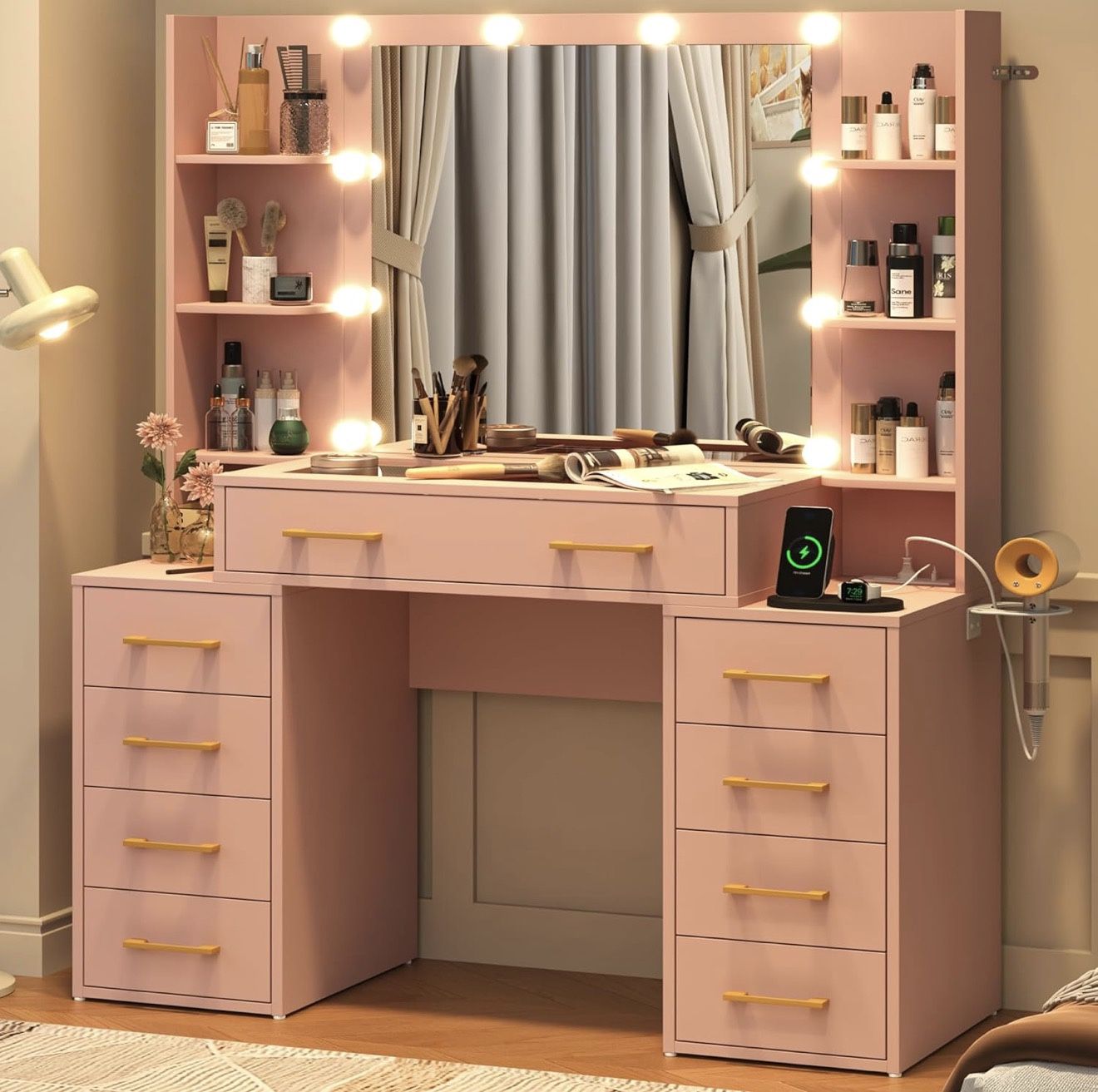 Glass Top Vanity Desk with Mirror and Lights, Large Vanity Makeup Mirror Desk with Charging Station Compartment Storage Drawers, Modern Makeup Vanity 
