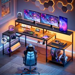 Bestier LED Gaming Desk with Power Outlets, 71 inch L Shaped Computer Desk with Monitor Stand, Large Desk with Printer Stand Adjustable Shelf, Cup Hol