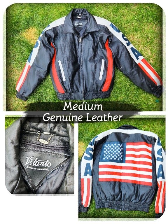 Men's Vilanto Genuine Leather Jacket USA Bomber Motorcycle American Flag Size Medium