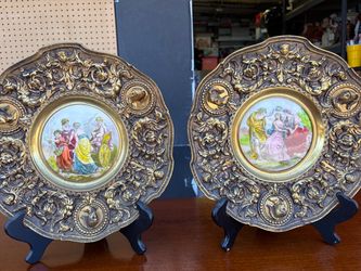 Pair of Ornate Gilt Decorative Plates with Classical Scenes