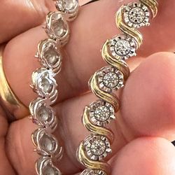 Sterling Silver And 9k Gold Bracelet Decorated With Diamonds And Crystals