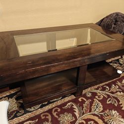 Dark Brown Wooden Coffee Table with Glass Top & Storage Shelf