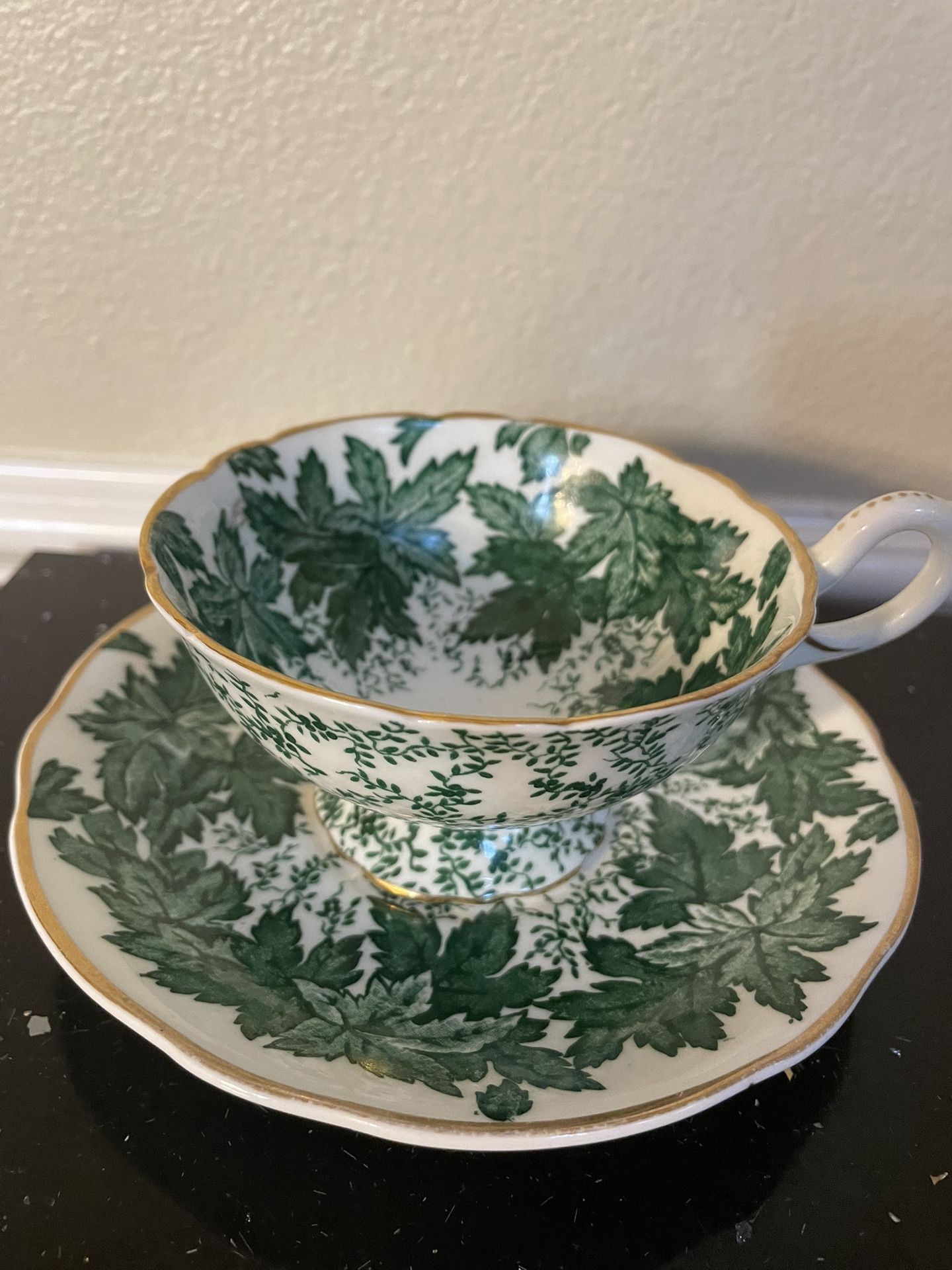 Coalport Fine China England Green Leaves 1949 Tea Cup & Saucer Bone China