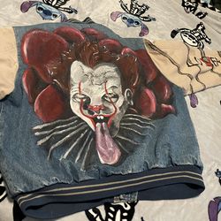 Penny wise Painted Denim Varsity Jacket