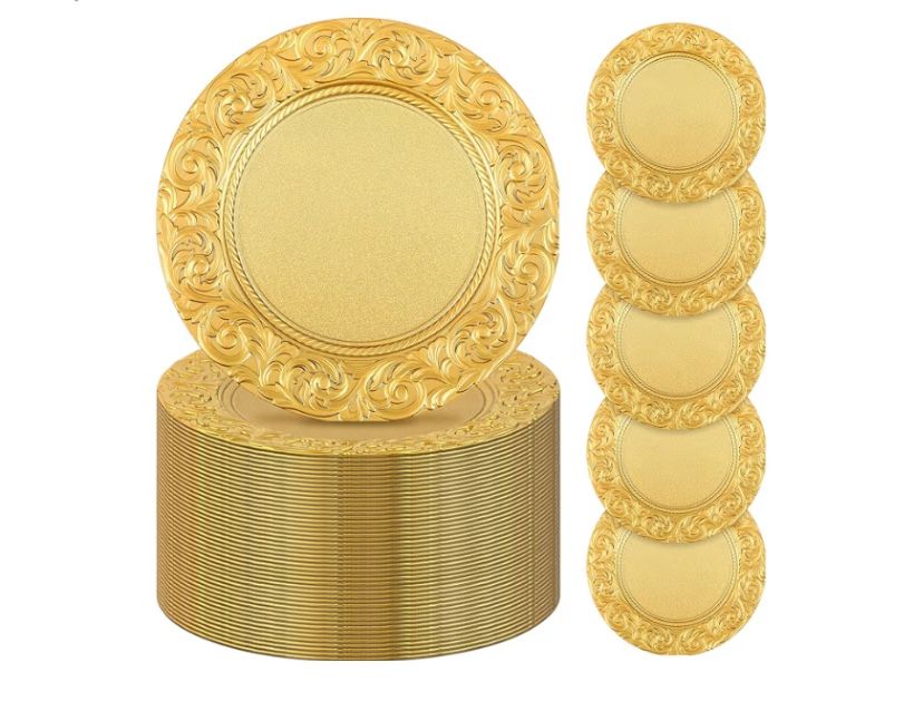Uiifan Bulk 13” Gold Plastic Embossed Dinner Plates (100pcs)