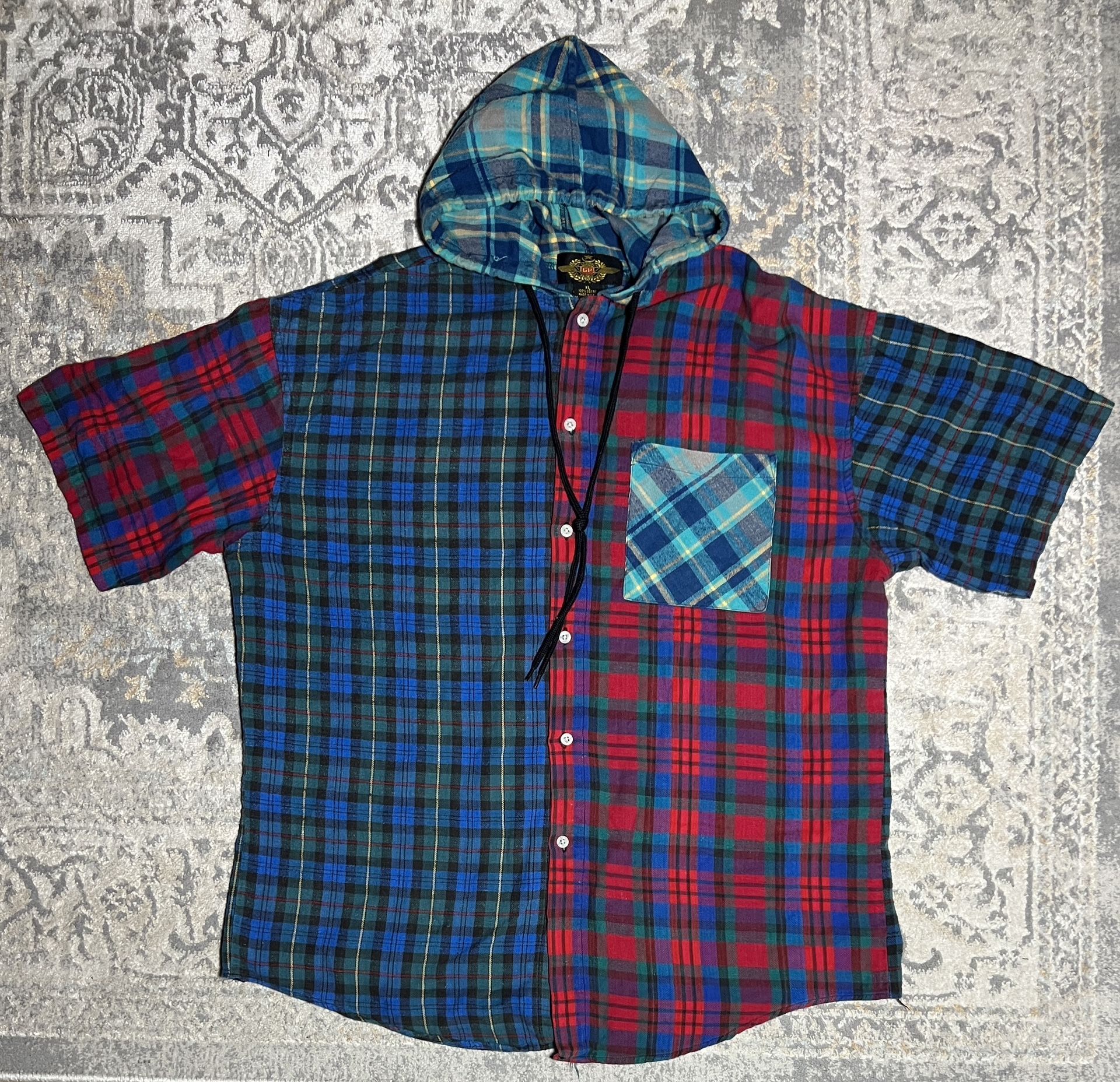 vintage global pacific hooded S/S flannel shirt mens size XL 90s USA Colorblock