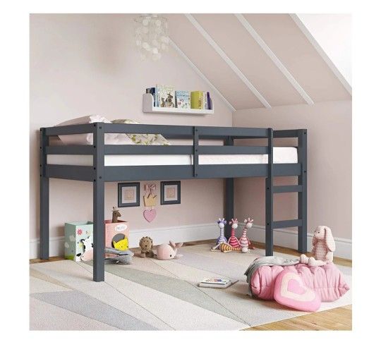 DHP Milton Twin Loft Bed, Space Saving Design, Solid Pine Wood, Grey Finish