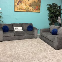 Nice Dark Grey Couch & Loveseat Living Room Set (Throw Pillows Not Included)