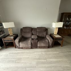 Power Couch & Love Seat w/ End Tables & 2 Lamps
