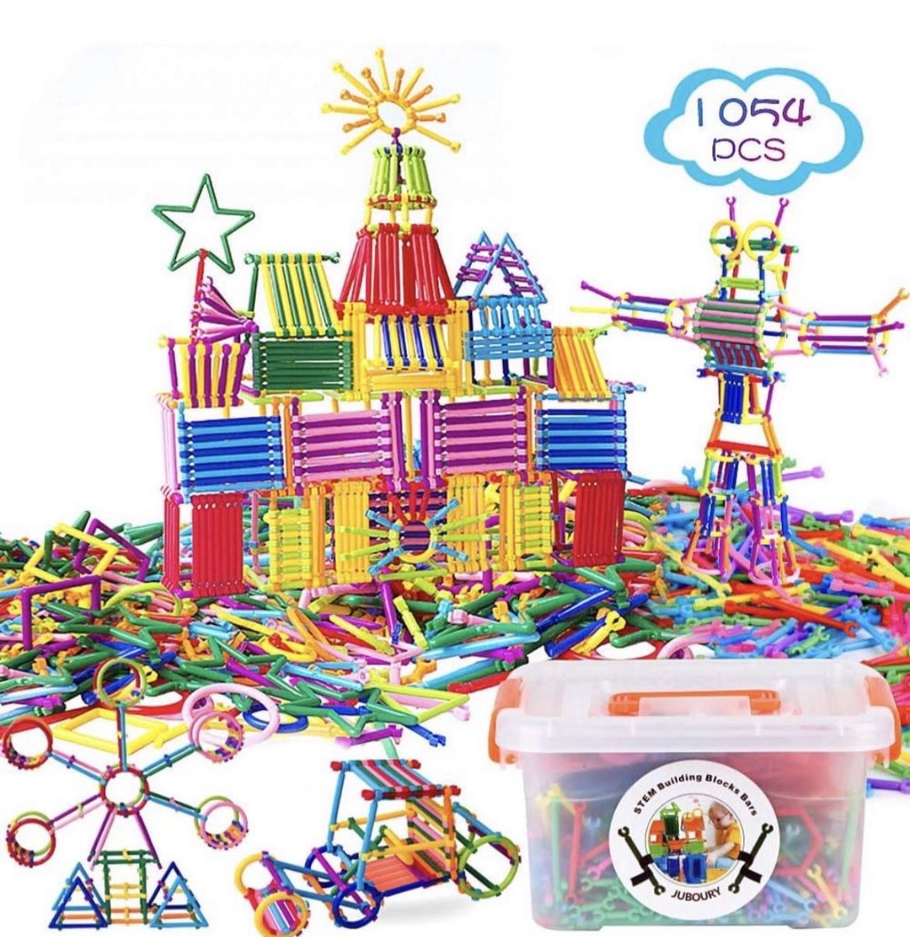 1054Pcs Building Toy Building Blocks Bars Different Shape Educational Construction Engineering Set 3D Puzzle, Interlocking Creative Connecting Kit, Gr