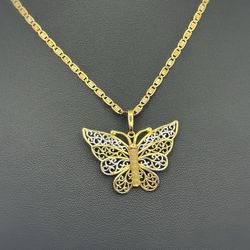14k three tone gold butterfly pendant charm & Valentino link 20” chain Necklace 2.4mm 8 grams