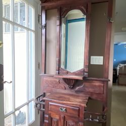   Antique Rustic Renaissance Hall Tree with Cabinet and mirror 
