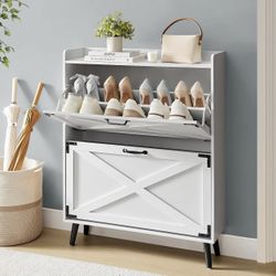 Shoe Storage Cabinet, Compact Shoe Organizer with 2 Flip Drawers, Freestanding Hidden Shoe Cabinet for Entryway/Porch/Hallway/Living Room