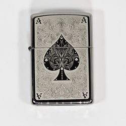 Laser Engraved Ace of Spades Chrome Zippo - with Double Torch
