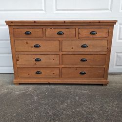 Chest of 9 Drawers _  Modern Brown Natural Finish Wood Dresser Bedroom Furniture _ 64" wide x 42" tall x 18" deep _ All Drawers Slide Smoothly