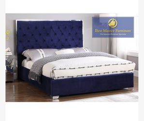 Upholstered Velour Bed - blue - Brand New