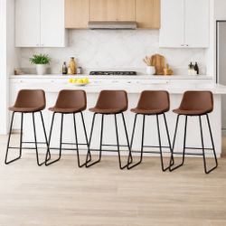 Counter Height Bar Stools Set of 5. Brown Barstools with Back Support 26 Inch Faux Leather Bar Stools for Kitchen Island Counter Height Bar Chairs wit