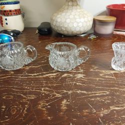 3 Vintage Clear Crystal Cut With Flower Design And Stars (Sugar Bowl,Milk Pour Glass,3" Vase)