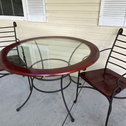 3 Piece Glass And Cherry Stained Wood And Metal Bistro Set