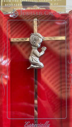 Silver Plated Brass Cross with Pewter Praying Boy