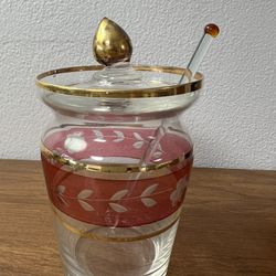 Antique Ruby Flash Glass Jam-  Condiment Jar…Etched With Gold Trim RARE 1910 Era