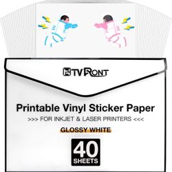 HTVRONT Printable Vinyl for Inkjet Printer & Laser Printer - 40 Pcs Glossy White Inkjet Printable Vinyl Sticker Paper, 8.5"x11"