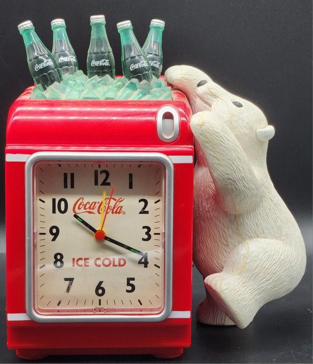 Vintage Coca~Cola Polar Bear cooler Alarm Clock and Coin Bank