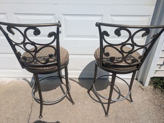 Set of 2 Heavy-Duty Steel Bar Stools with Floral Back & Brown Cushions