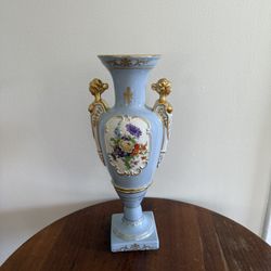 Vintage ST REGIS Blue Porecelain Vase 13.5" Hand Painted Flower Gold Busts