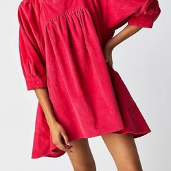 Free People Women's XS Pink Corduroy Puff Sleeve Tunic Top