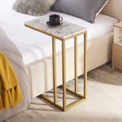 Marble Top C Table Metal End Table Accent Side Table with Black Metal Base