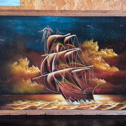 Vintage 1970s Black Velvet Clipper Ship Painting – Mid-Century Nautical Decor