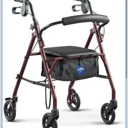 NEW In box! Medline Steel Rollator Walker with Seat Burgundy 350lb Weight Capacity 6” Wheels