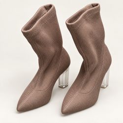 Ribbed Knit Sock Ankle Boots with Clear Heel