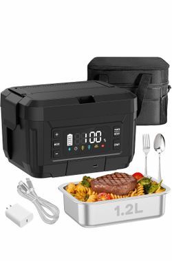 Electric Heated Lunch Box 1.2L Black Stainless Steel, Snap Lid, Bag & Set
