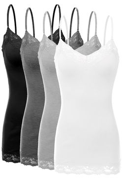 4 Pack Women's Junior and Plus Adjustable Spaghetti Strap Lace Tank Top(2 Black/1 white/1 grey)S size