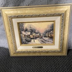 Village christmas thomas kinkade media art group painting with gold frame-  with certificate