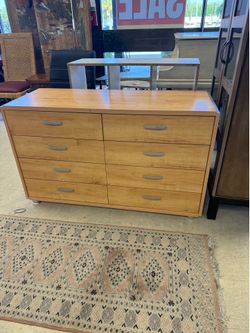 Light wood 6-drawer dresser modern, curved silver hardware and elevated metal legs - 48” x 17” x 29”