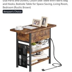 End Table with Charging Station, Flip Top Nightstand with USB Ports and Outlets, Couch Side Table with Fabric Bag and Hooks, Bedside Table for Space 