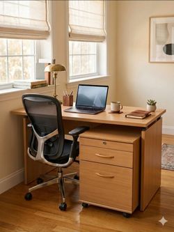 Light wood office furniture set. Desk filling cabinet and hutch
