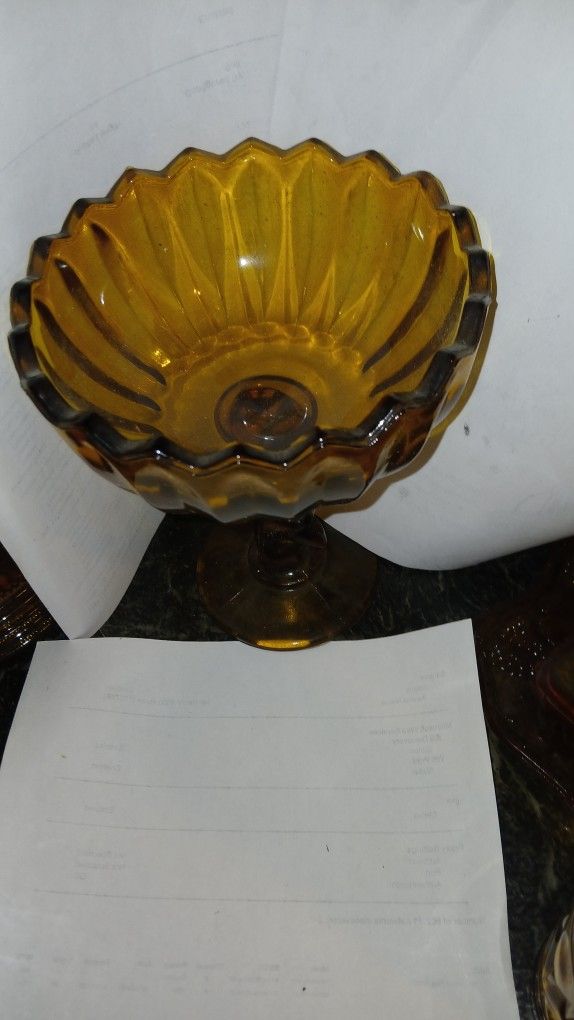 'Vintage Indiana Glass Amber Lotus Blossom Ppedestal Compote Bowl 7.5 tall x 6 1/4" bowl diameter.