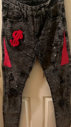 Lornexis Men's Contrast Color Casual red Denim Jeans Black Ripped Jeans Men