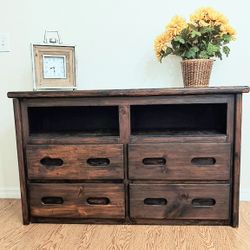Rustic Solid Wood Oak Brown 4-Drawer Chest Dresser With Open Storage 