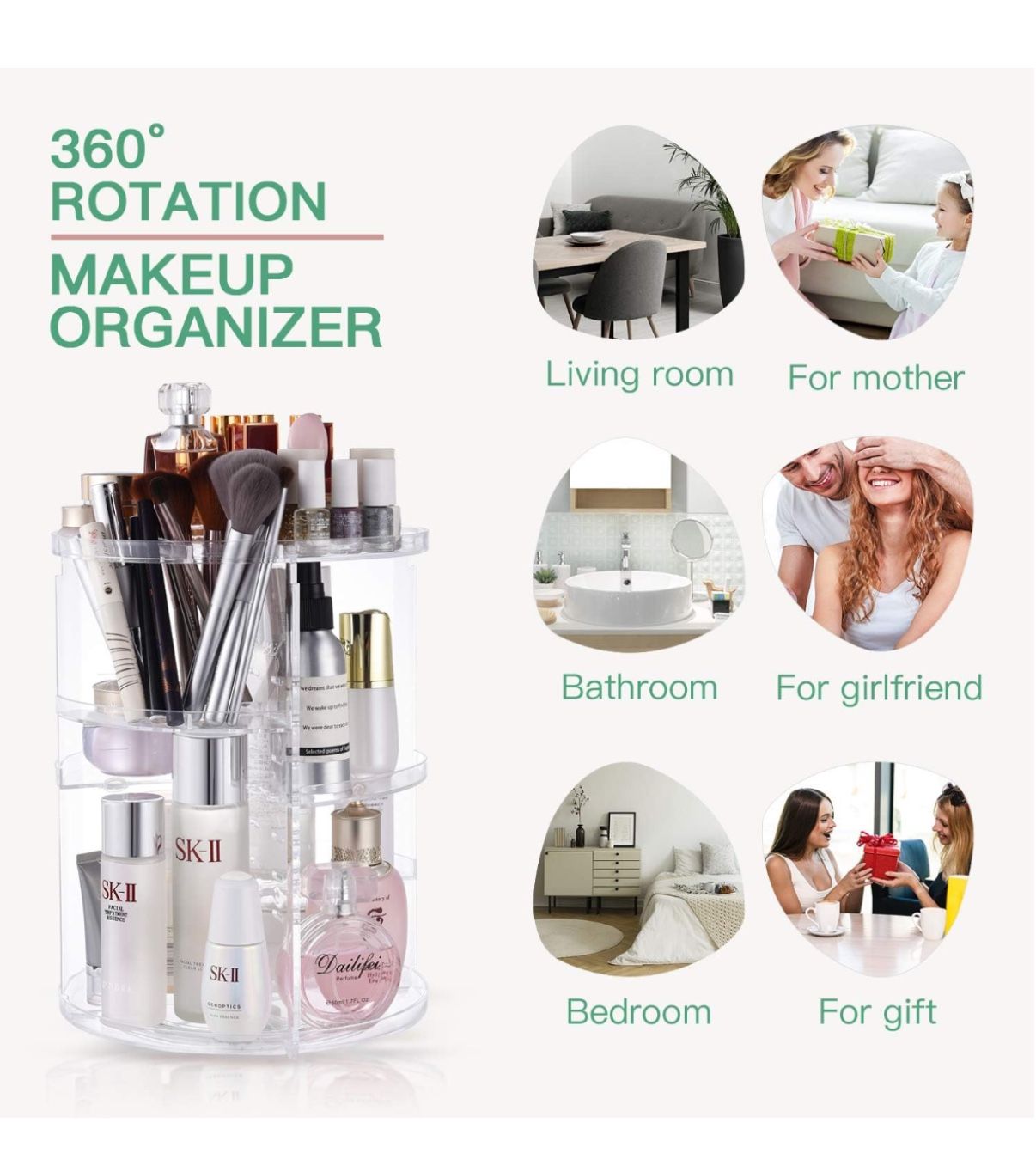 360 Rotating Makeup Organizer,DIY Adjustable Spinning Holder
