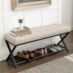 44.5” End of Bed Bench with Shelf, Linen Tufted Upholstered Storage Shoe Bench, Bedroom Bench with Metal Legs, Linen Color