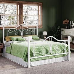 Allewie Metal Queen Platform Bed Frame, Butterfly Pattern Design, White
