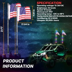 2Pcs 3FT Led Whip Lights with Bluetooth and Remote,360° Spiral RGB Chasing Offroad Warning Dancing Lighted Antenna Whips 300 Flash Patterns for UTV AT