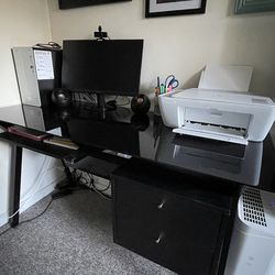 Modern Black Glass Computer Desk w/ Drawers + Keyboard Tray (55”)
