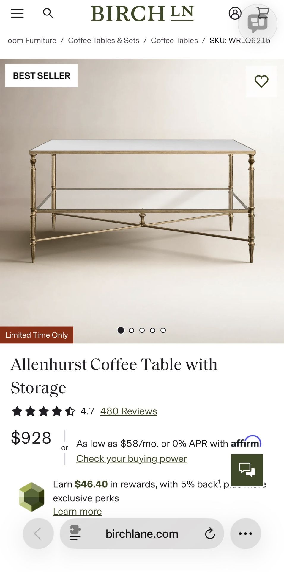 Birch Lane Allenhurst Mirrored Coffee Table β Retails for $928!