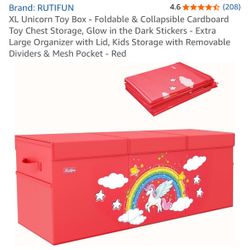 XL Unicorn Toy Box - Foldable & Collapsible Cardboard Toy Chest Storage, Glow in the Dark Stickers - Extra Large Organizer with Lid, Kids Storage with